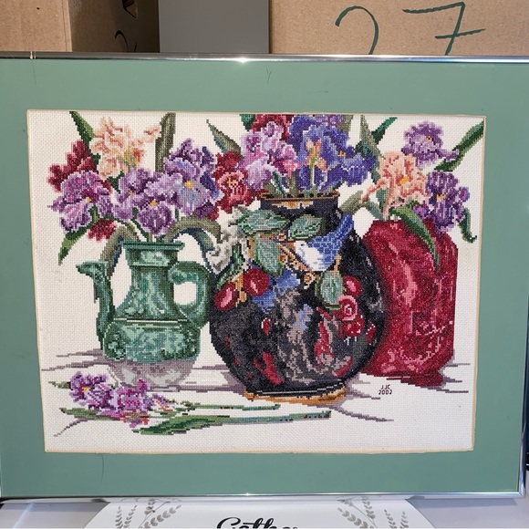 Beautiful Vintage Cross Stitch Picture With Vibrant Colors Signed Dated - Picture 7 of 13